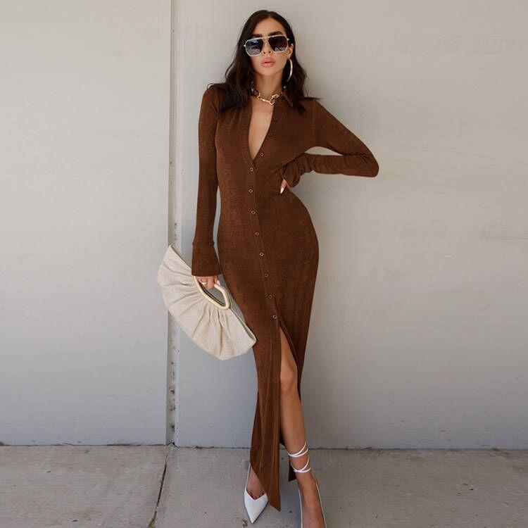 Sexy High Waist Knitting Long Sleeves Split Long Dresses-Brown-S-Free Shipping at meselling99
