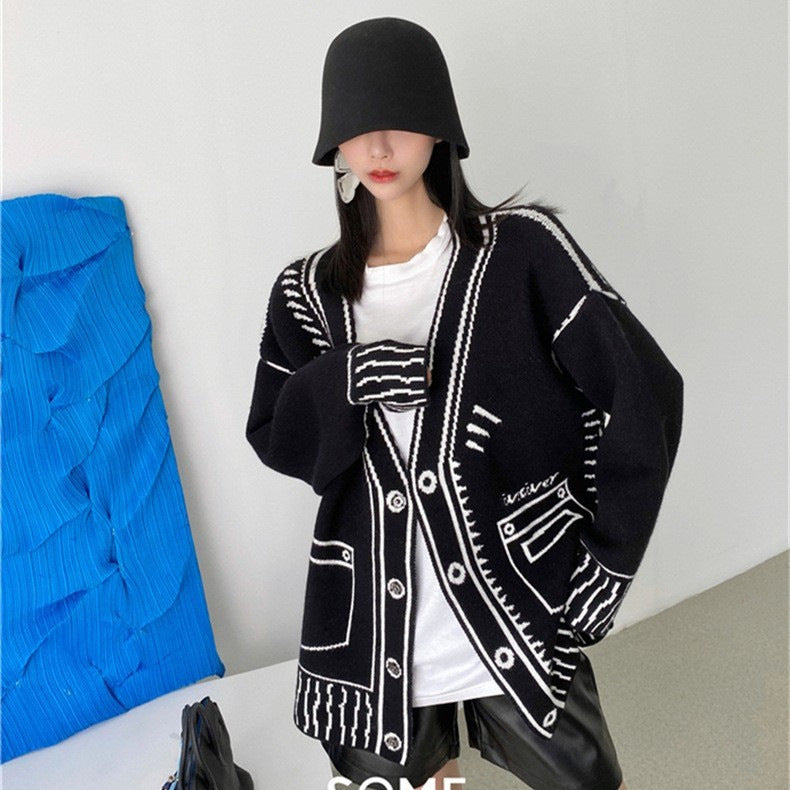 Black and White Graffiti Loose Knitted Sweater Cardigans