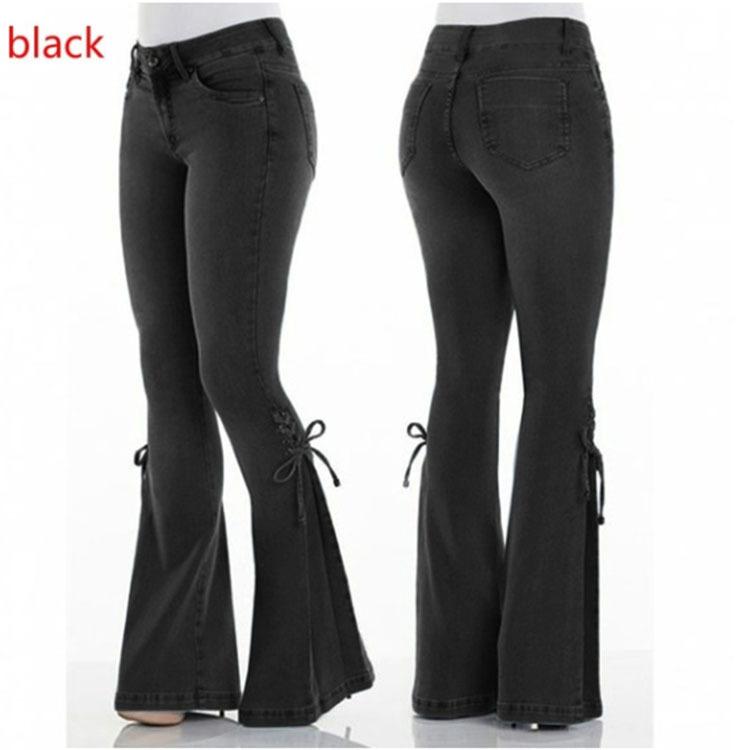 Casual Women Natural Waist Elastic Trumpet Denim Jeans-Black-S-Free Shipping at meselling99