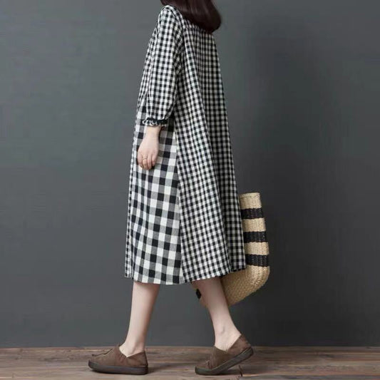 Vintage Plaid Long Sleeves Midi Dresses
