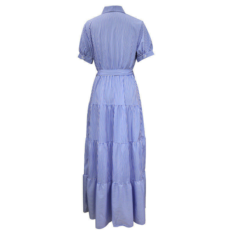 Elegant Striped Short Sleeves Women Long Dresses