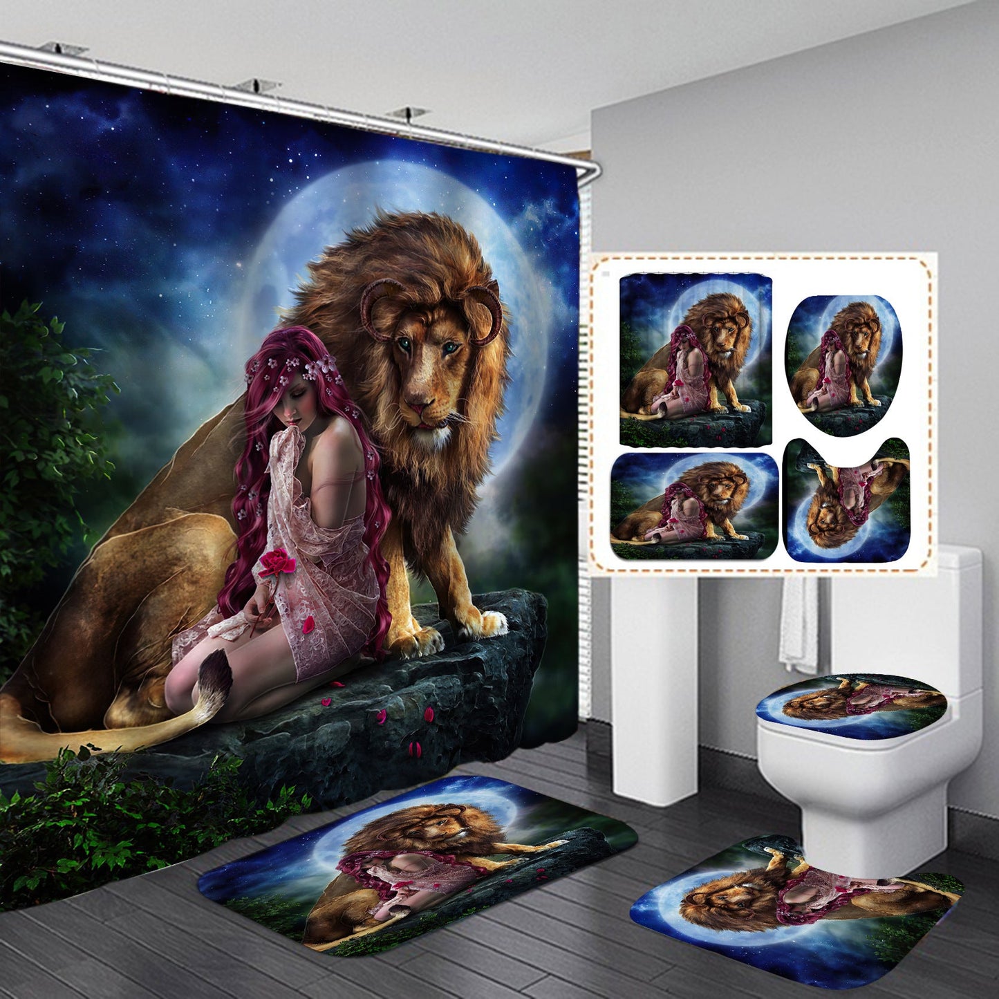 3D Lion Design Shower Curtain Bathroom SetsNon-Slip Toilet Lid Cover