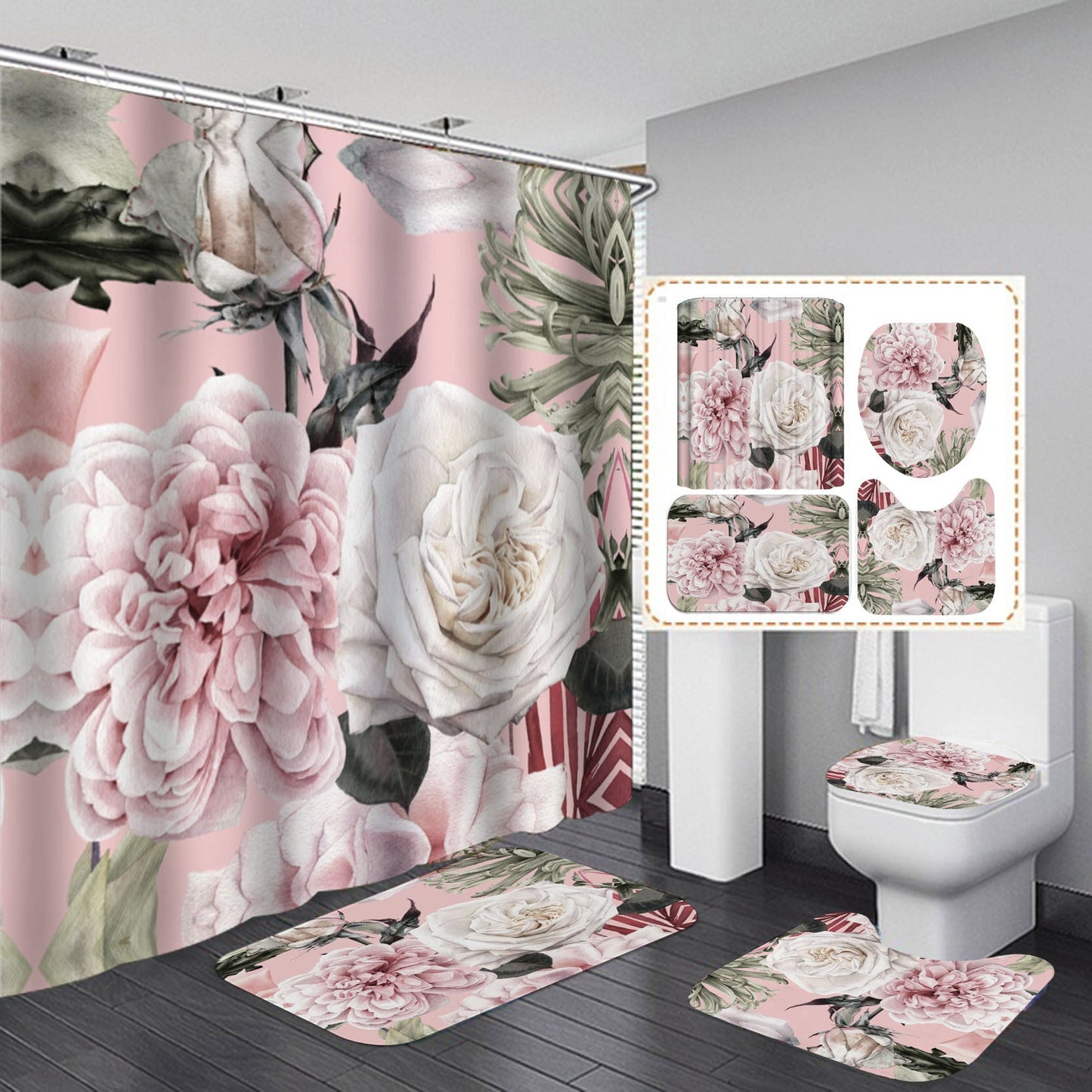 3D Flowers Print Shower Curtain Set Bath with Rugs