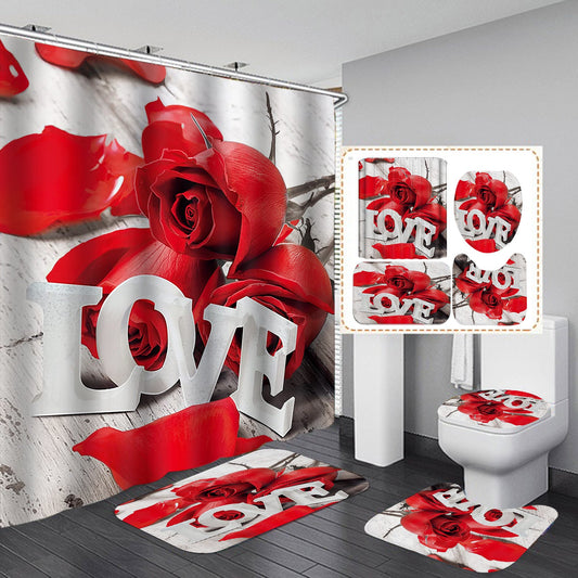 "Love" 3D Rose Design Shower Curtain Bathroom SetsNon-Slip Toilet Lid Cover