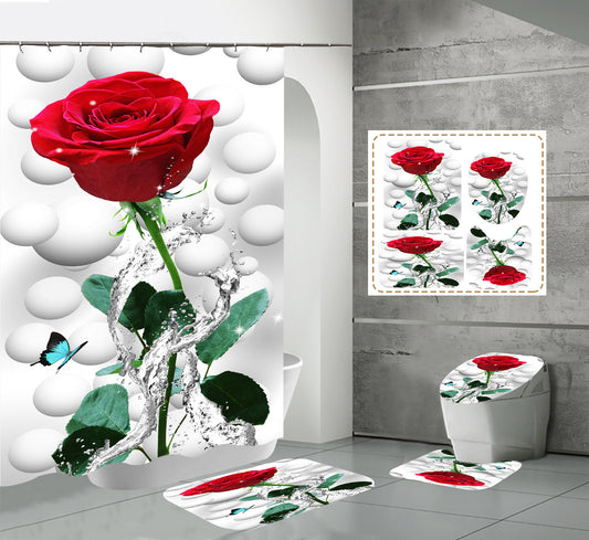 One 3D Flower Shower Curtain Set Bathroom Rug Bath Mat Non-Slip Toilet Lid Cover