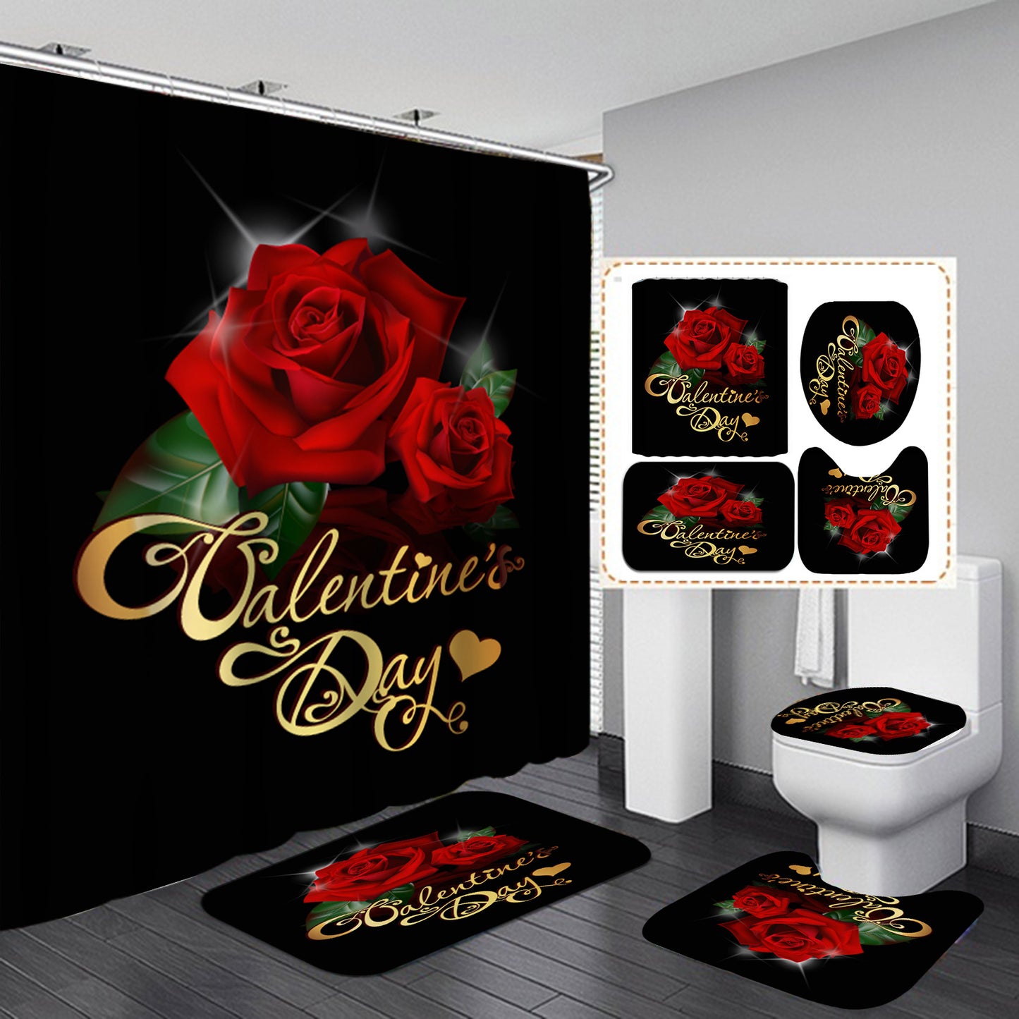 Valentine's 3D Rose Print Shower Curtain Sets with Rug