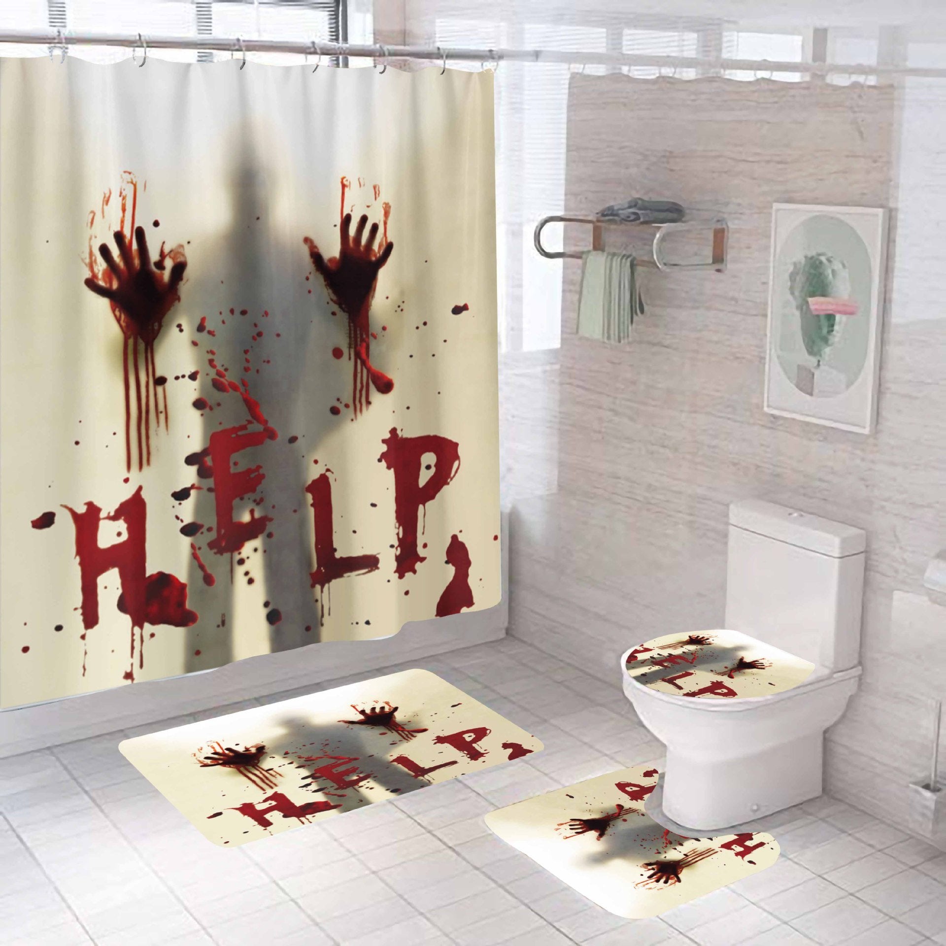 Horriable Halloween Shower Curtain Bathroom Rug Set Bath Mat Non-Slip Toilet Lid Cover-STYLEGOING