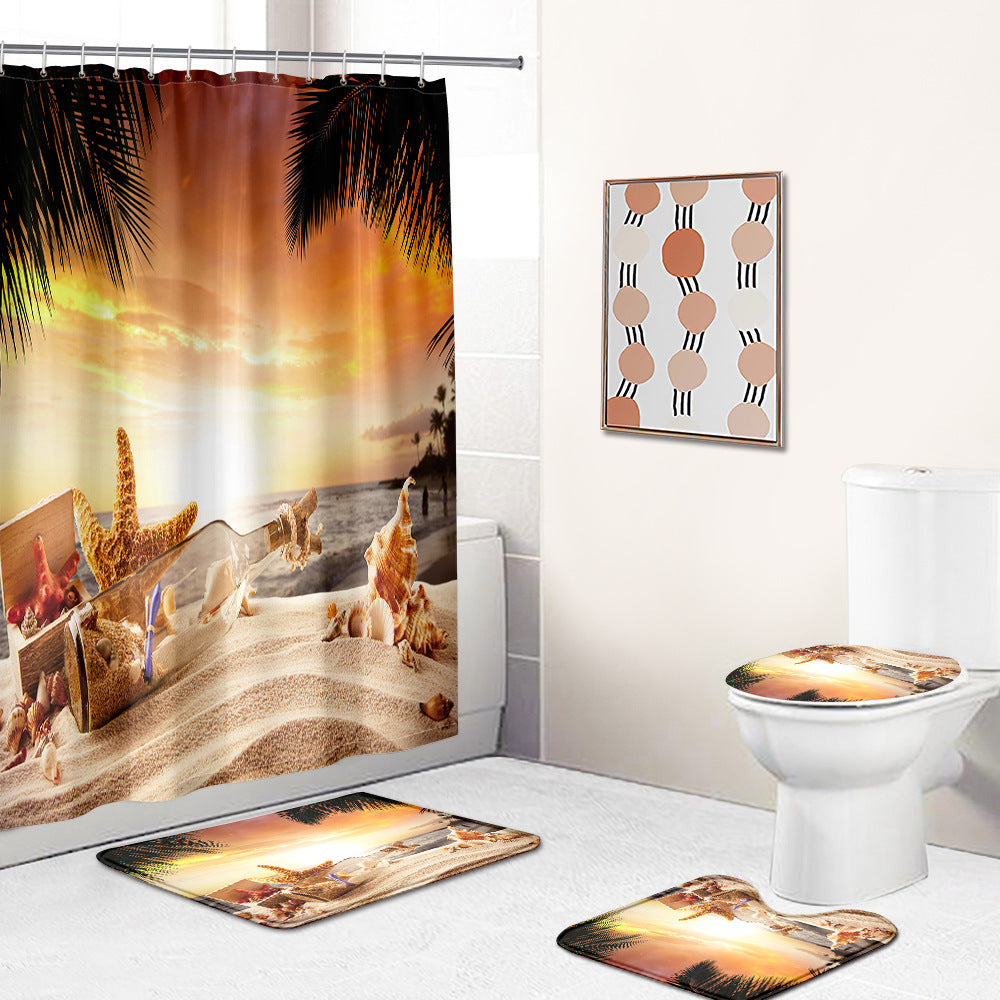 3D Sunset Starfish Print Shower Curtain Bathroom Rug Set Bath Mat Non-Slip Toilet Lid Cover