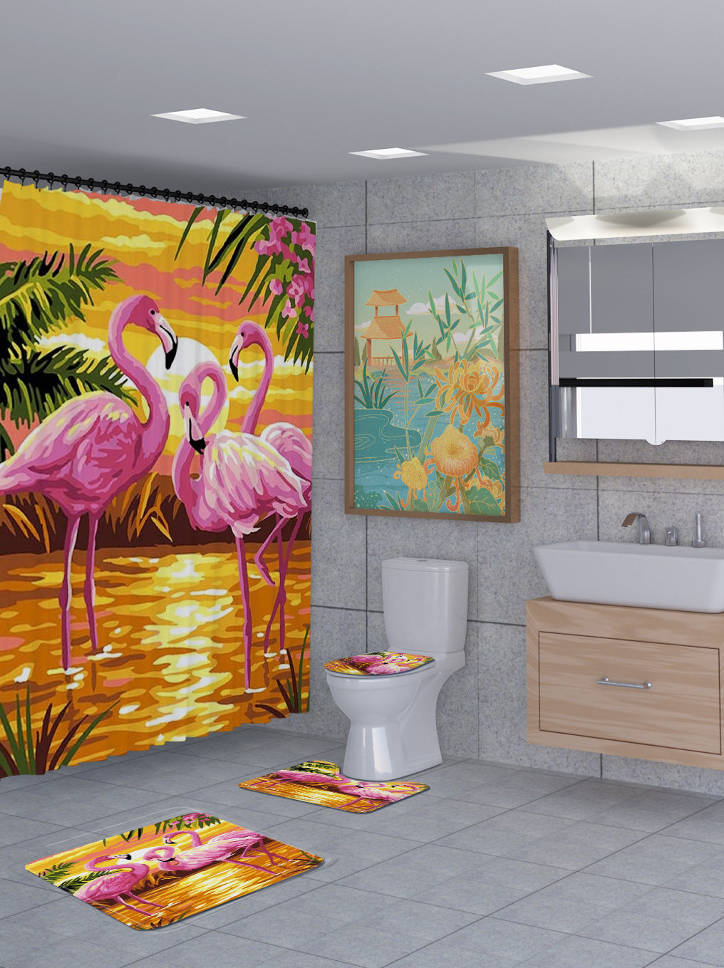 3D Flamingo Shower Curtain Set Bathroom Rug Bath Mat Non-Slip Toilet Lid Cover