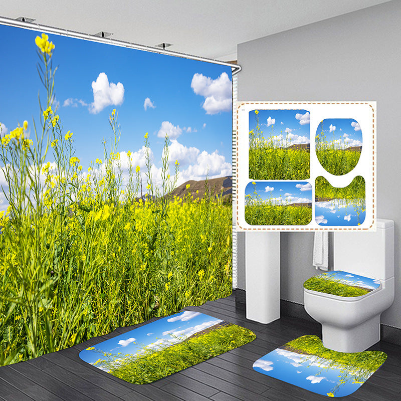 3D Green Landscape Shower Curtain Set Bathroom Rug Bath Mat Non-Slip Toilet Lid Cover