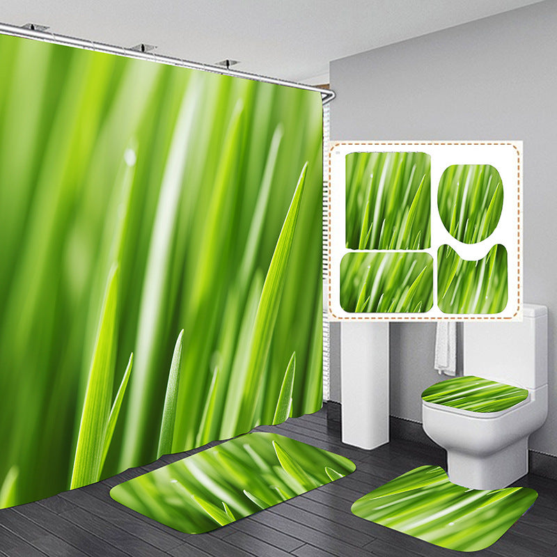 Spring Green Bud Shower Curtain Set Bathroom Rug Bath Mat Non-Slip Toilet Lid Cover