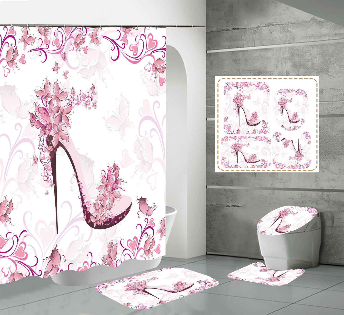 High Heels Design Shower Curtain Set Bathroom Rug Bath Mat Non-Slip Toilet Lid Cover