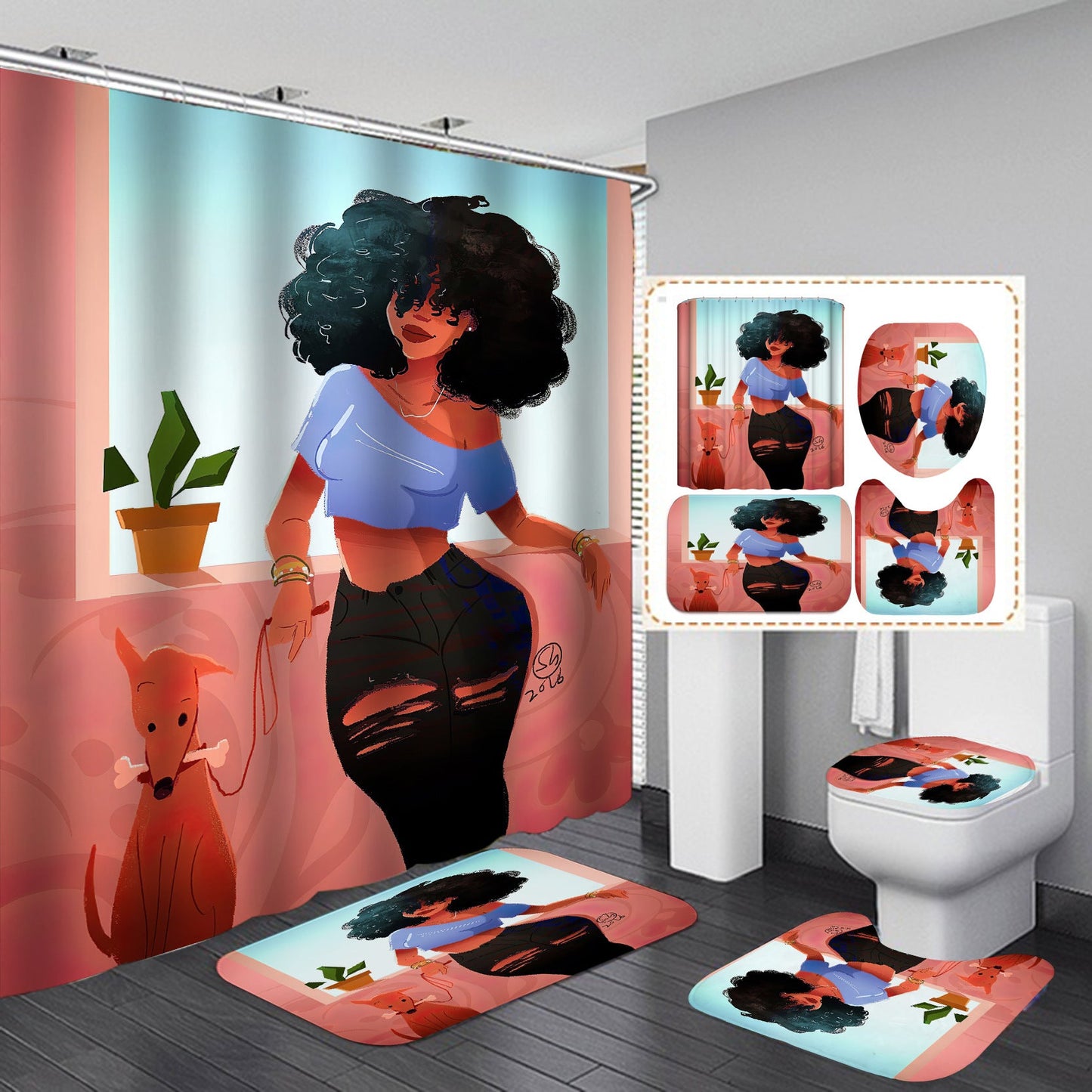 Beautiful Girl Design Shower Curtain Bathroom SetsNon-Slip Toilet Lid Cover