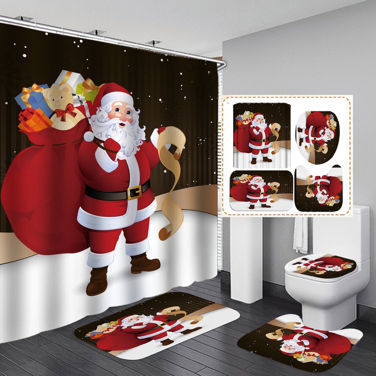 Happy Merry Christmas Shower Curtain Bathroom Sets Non-Slip Toilet Lid Cover