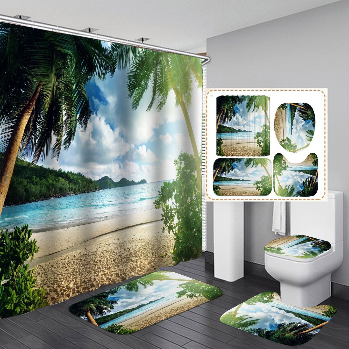 Seaside& 3D Palm Tree Shower Curtain Set Bathroom Rug Bath Mat Non-Slip Toilet Lid Cover