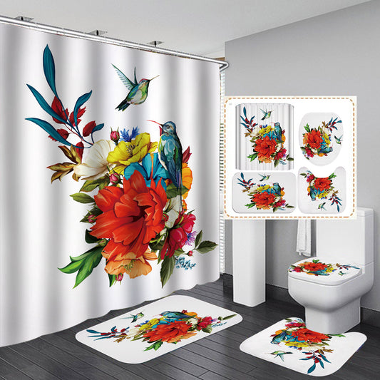 Birds and Flower Print Shower Curtain Sets with Rug