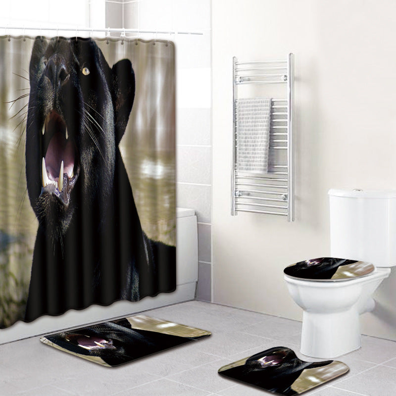 Black Panthera Bathroom Shower Curtain Sets with Rug-STYLEGOING
