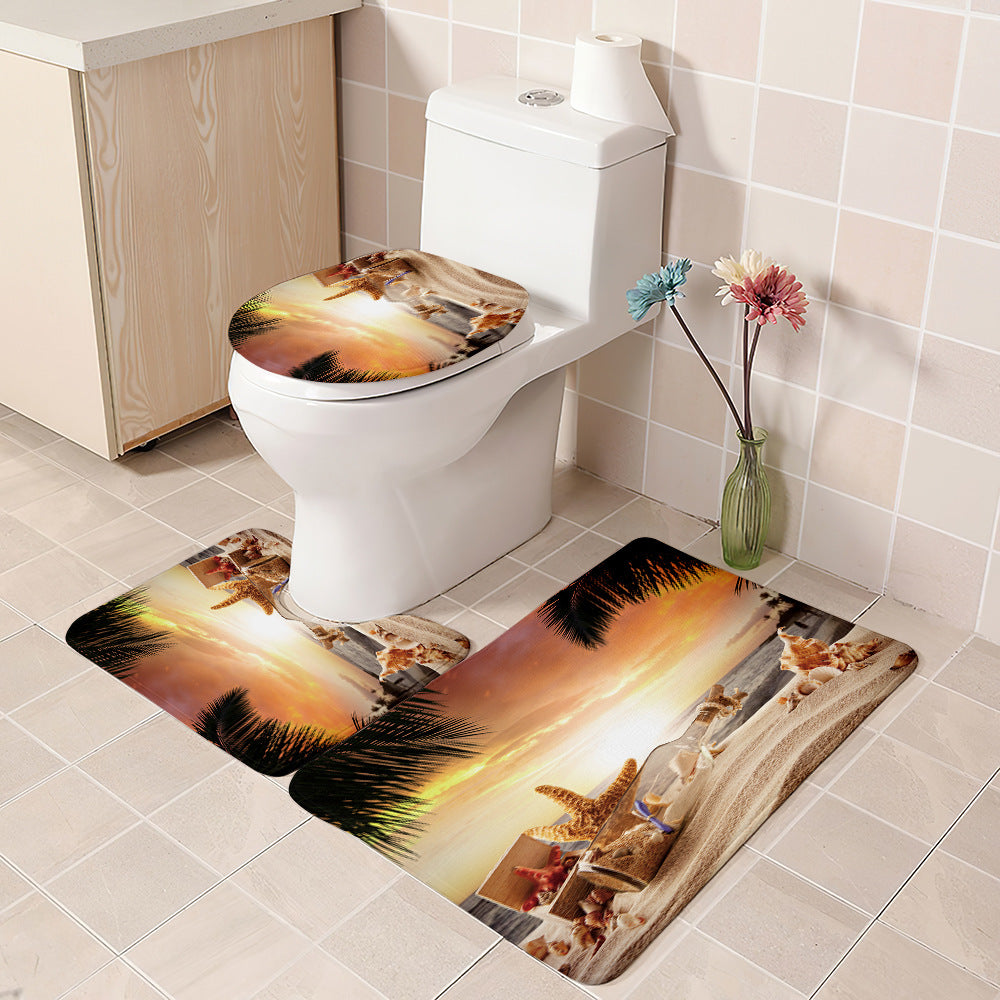 3D Sunset Starfish Print Shower Curtain Bathroom Rug Set Bath Mat Non-Slip Toilet Lid Cover