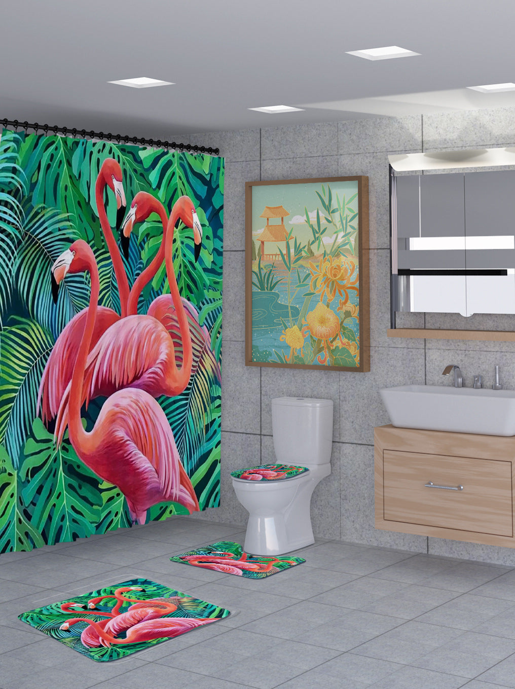 3D Flamingo Shower Curtain Set Bathroom Rug Bath Mat Non-Slip Toilet Lid Cover