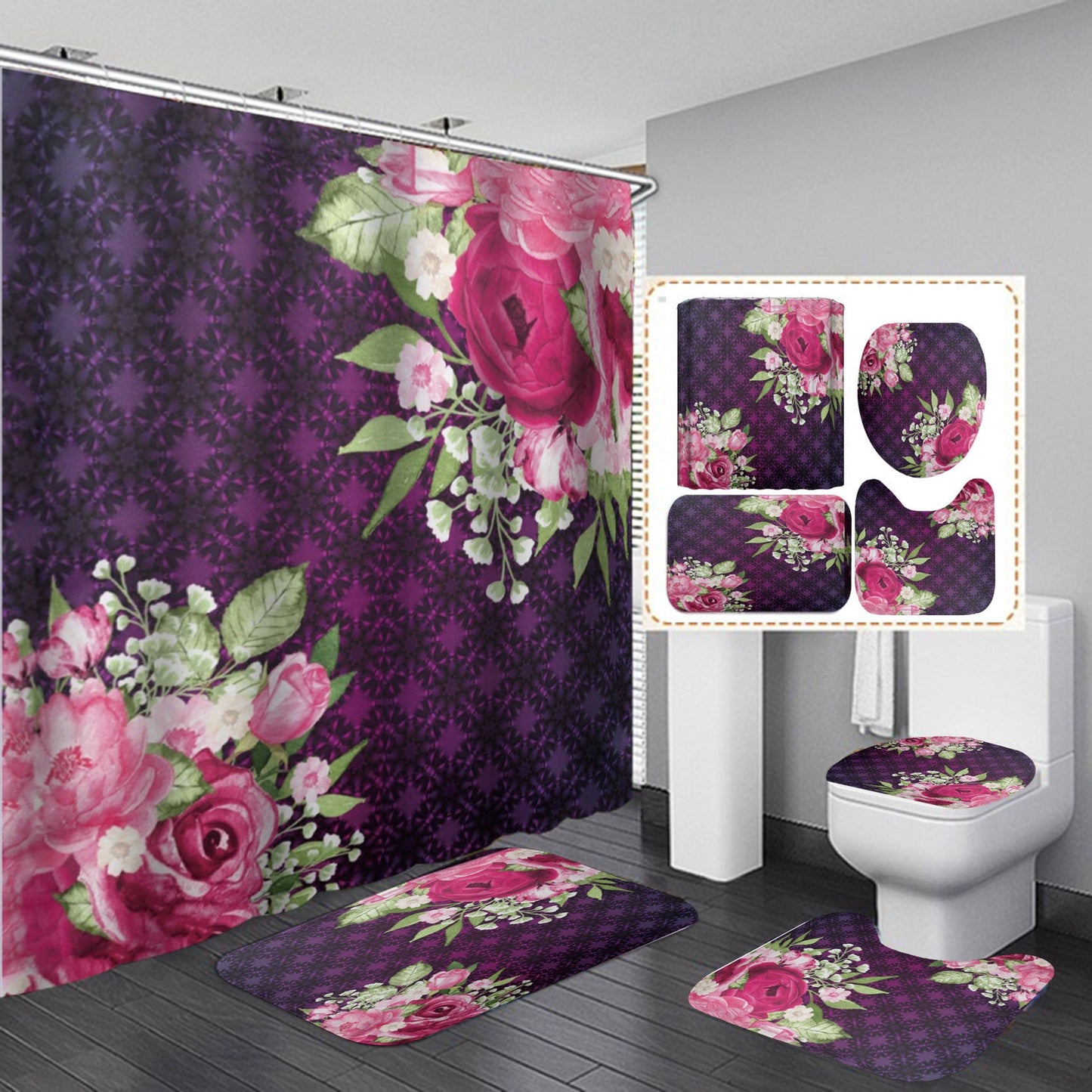 3D Flowers Print Shower Curtain Set Bath with Rugs