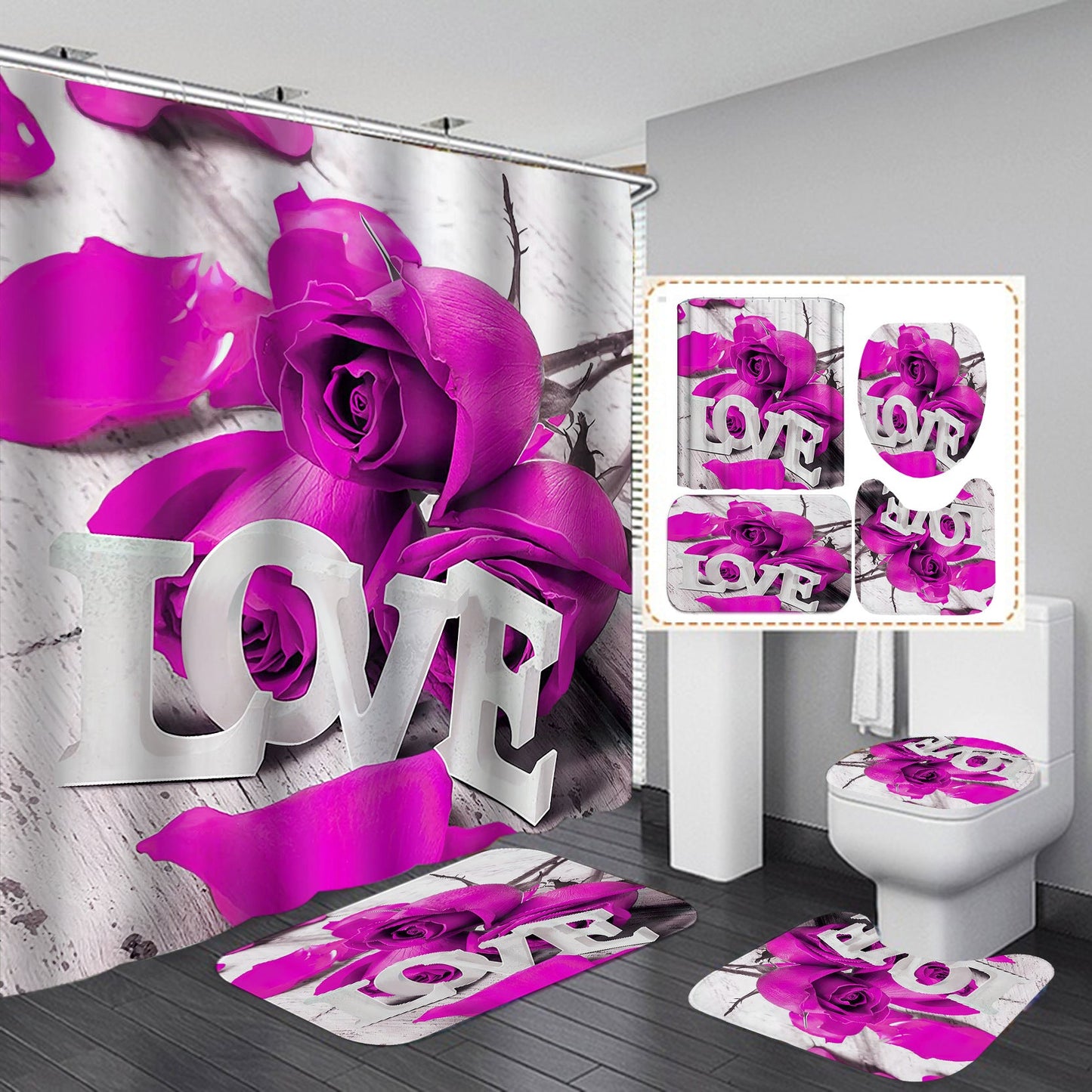 "Love" 3D Rose Design Shower Curtain Bathroom SetsNon-Slip Toilet Lid Cover