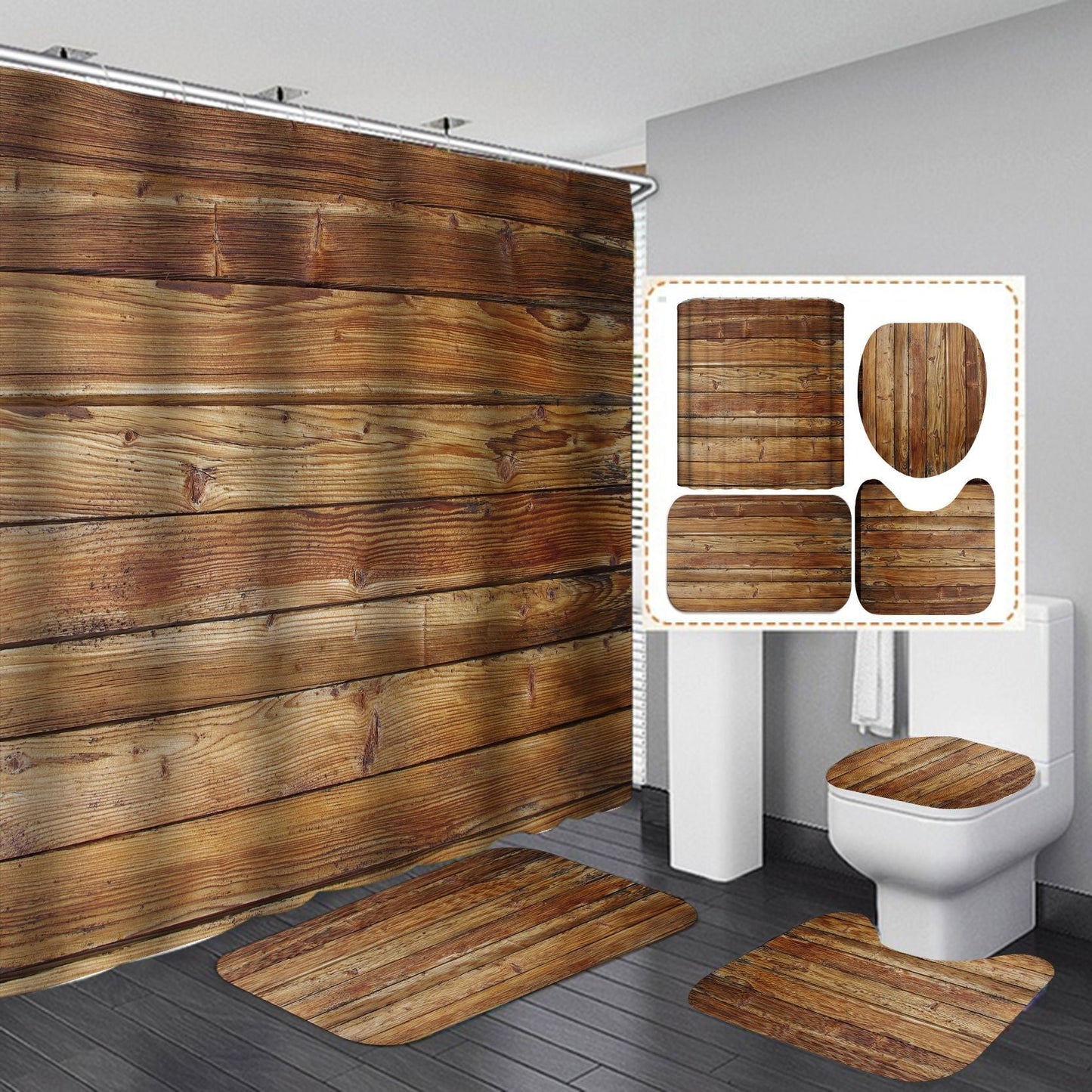 Vintage Wooden Door Design Shower Curtain Bathroom SetsNon-Slip Toilet Lid Cover