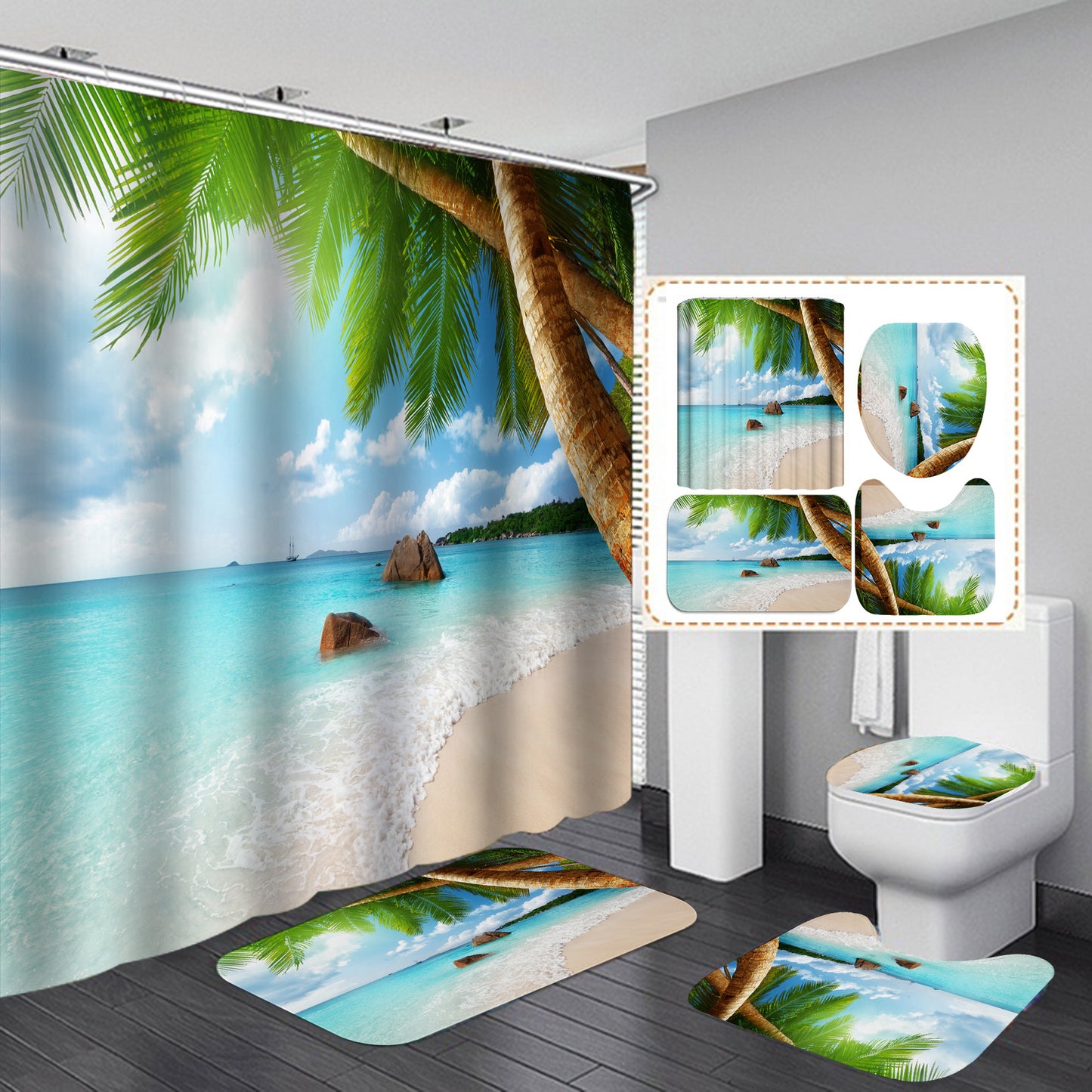 Seaside& 3D Palm Tree Shower Curtain Set Bathroom Rug Bath Mat Non-Slip Toilet Lid Cover