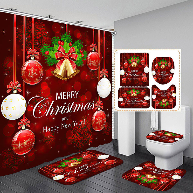 Merry Christmas Balloon Shower Curtain Bathroom Sets Non-Slip Toilet Lid Cover
