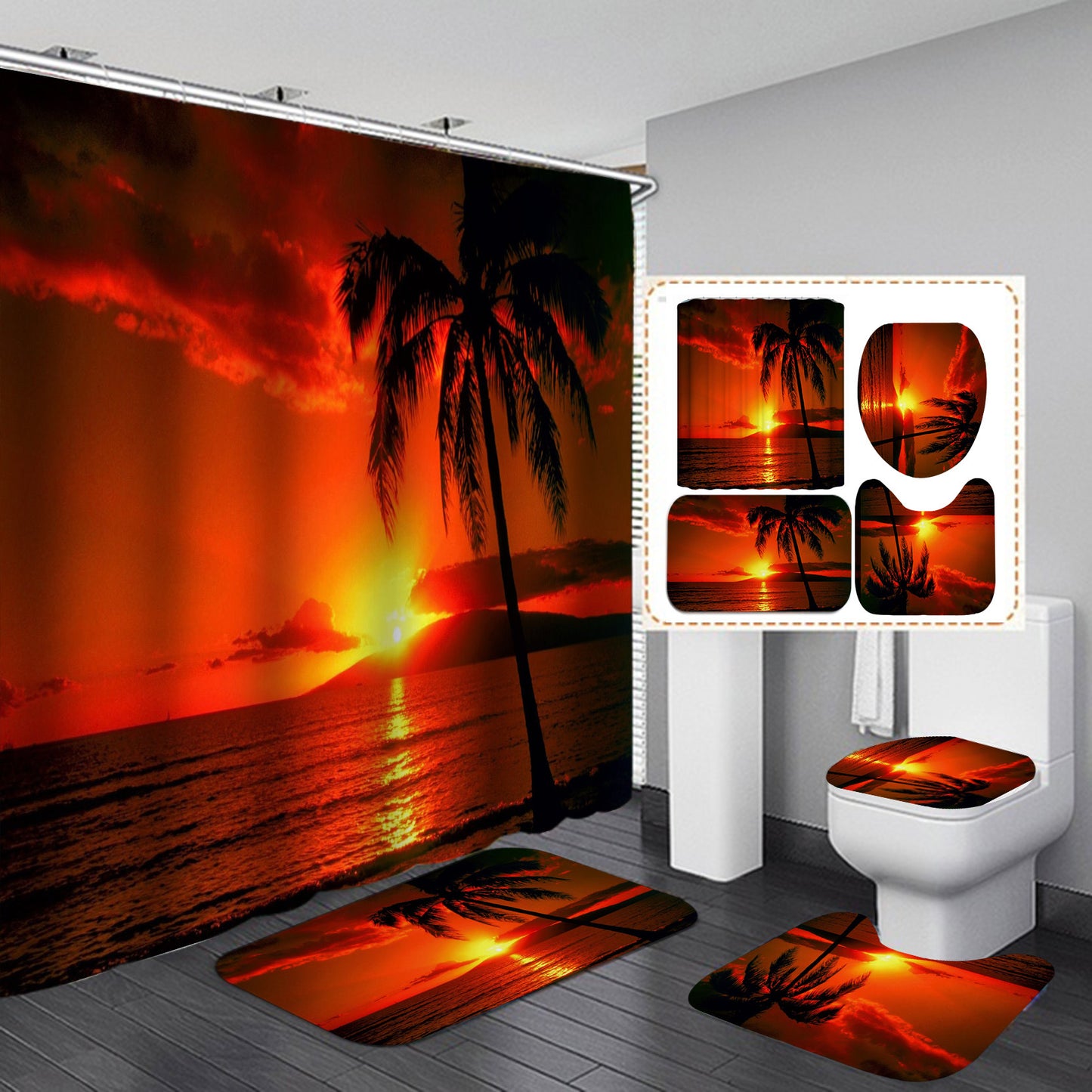 Seaside& 3D Palm Tree Shower Curtain Set Bathroom Rug Bath Mat Non-Slip Toilet Lid Cover