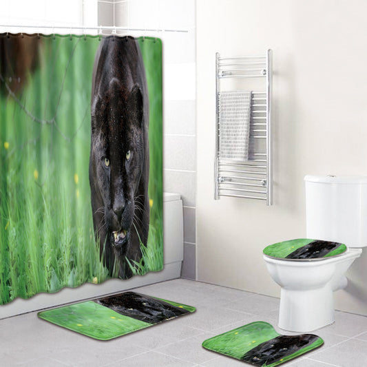 Black Panthera Green Background Fabric Shower Curtain Sets-STYLEGOING