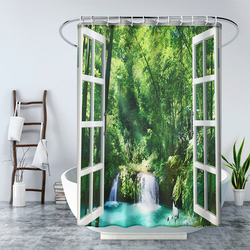 3D Window and Landscaple Water Proof Shower Curtain