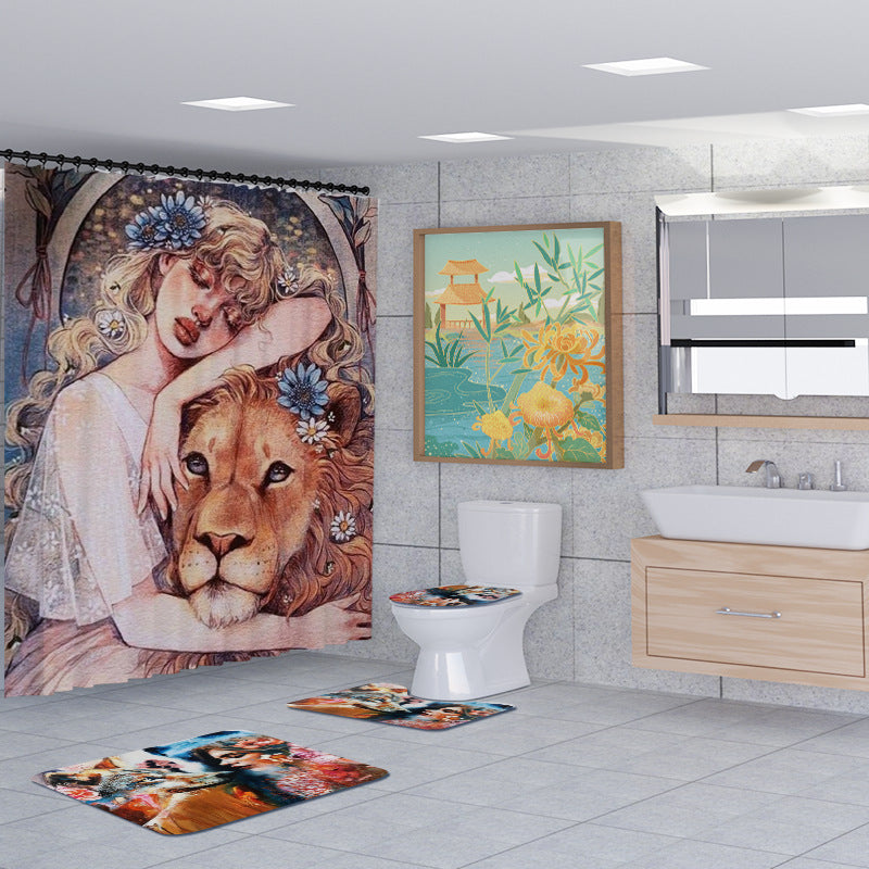 3D Animal and Beauty Shower Curtain Set Bathroom Rug Bath Mat Non-Slip Toilet Lid Cover