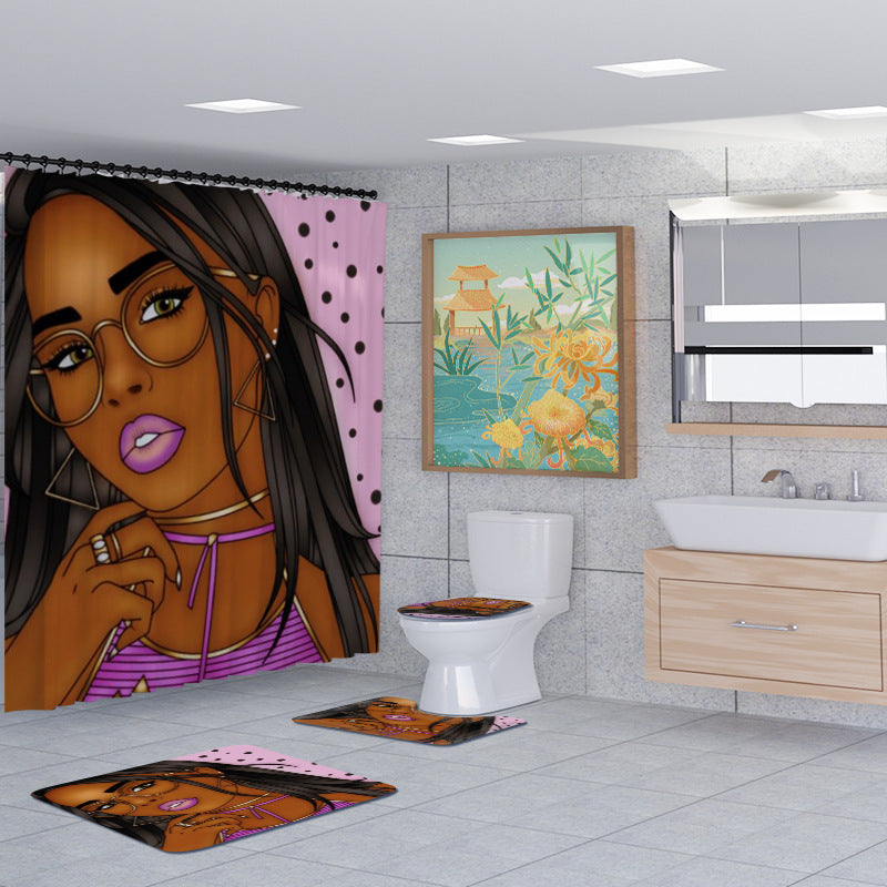 African Girl Shower Curtain Set Bathroom Rug Bath Mat Non-Slip Toilet Lid Cover