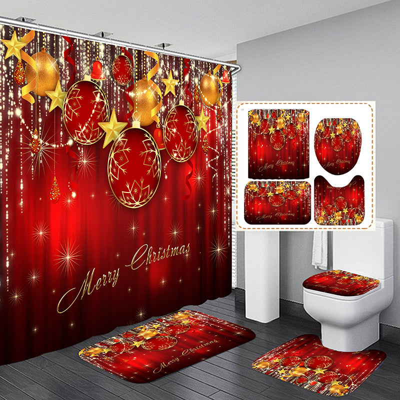 Merry Christmas Balloon Shower Curtain Bathroom Sets Non-Slip Toilet Lid Cover