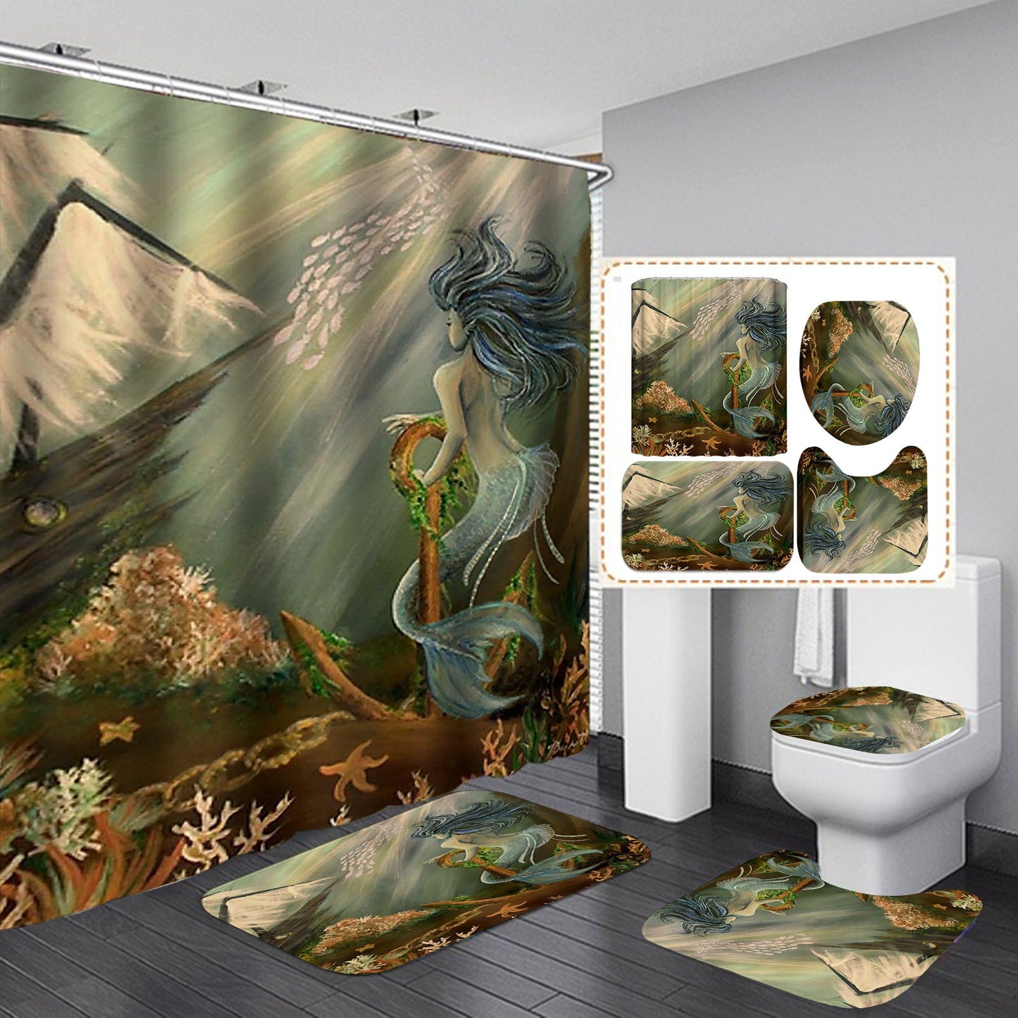 Cartoon Mermaid Design Shower Curtain Bathroom SetsNon-Slip Toilet Lid Cover