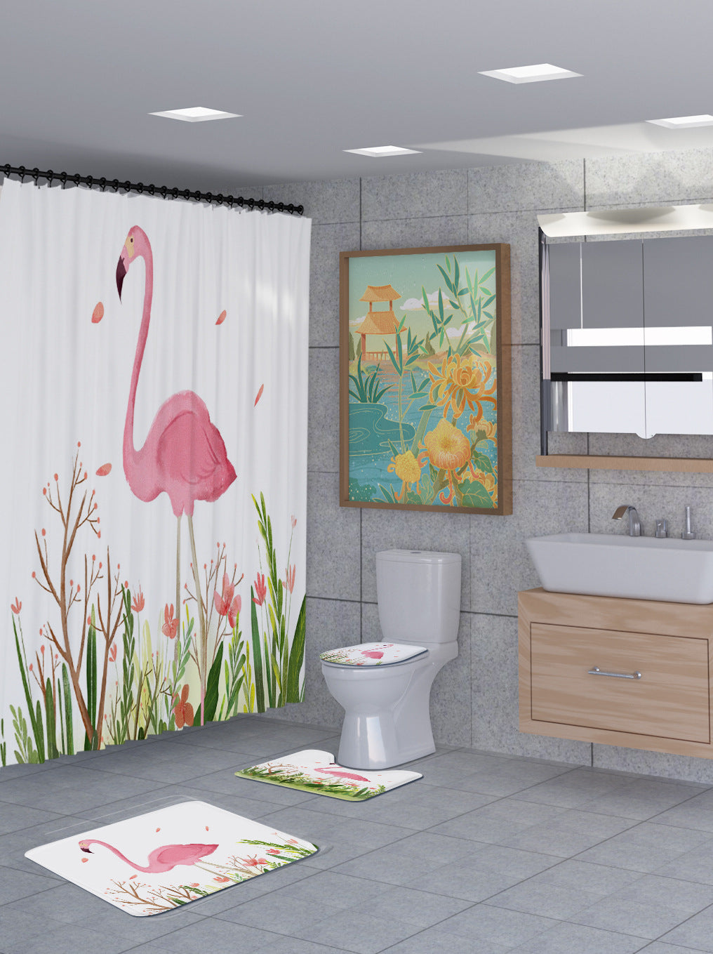 3D Flamingo Shower Curtain Set Bathroom Rug Bath Mat Non-Slip Toilet Lid Cover