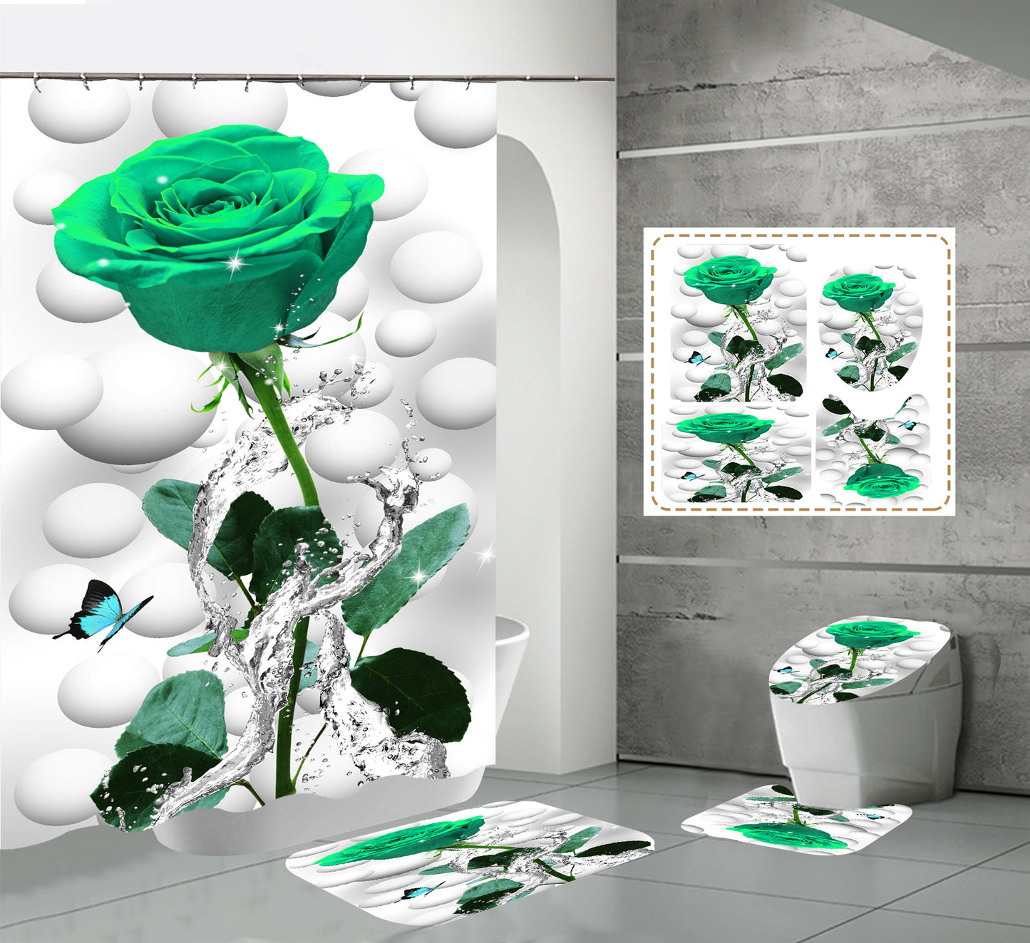 One 3D Flower Shower Curtain Set Bathroom Rug Bath Mat Non-Slip Toilet Lid Cover