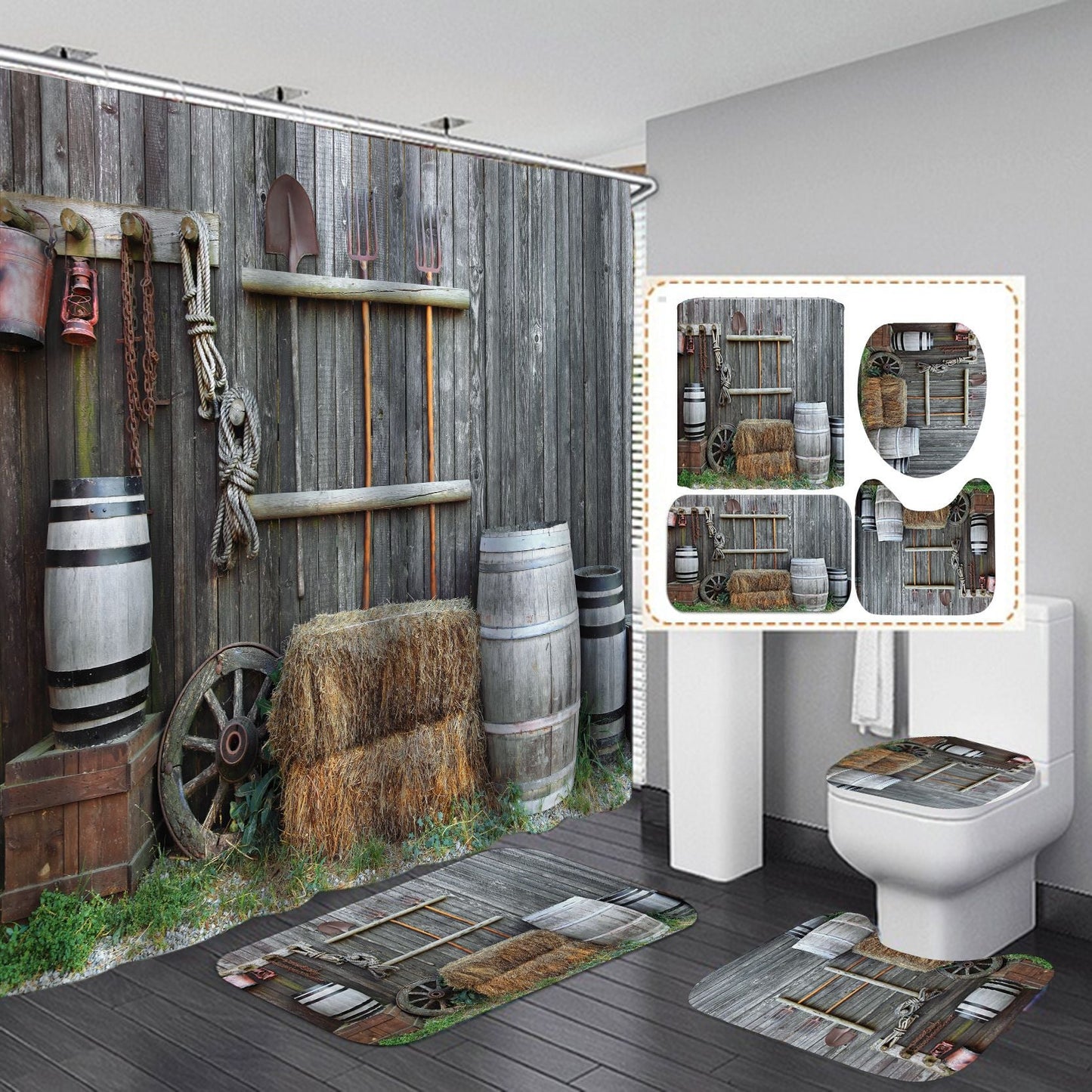 Vintage Wooden Door Design Shower Curtain Bathroom SetsNon-Slip Toilet Lid Cover