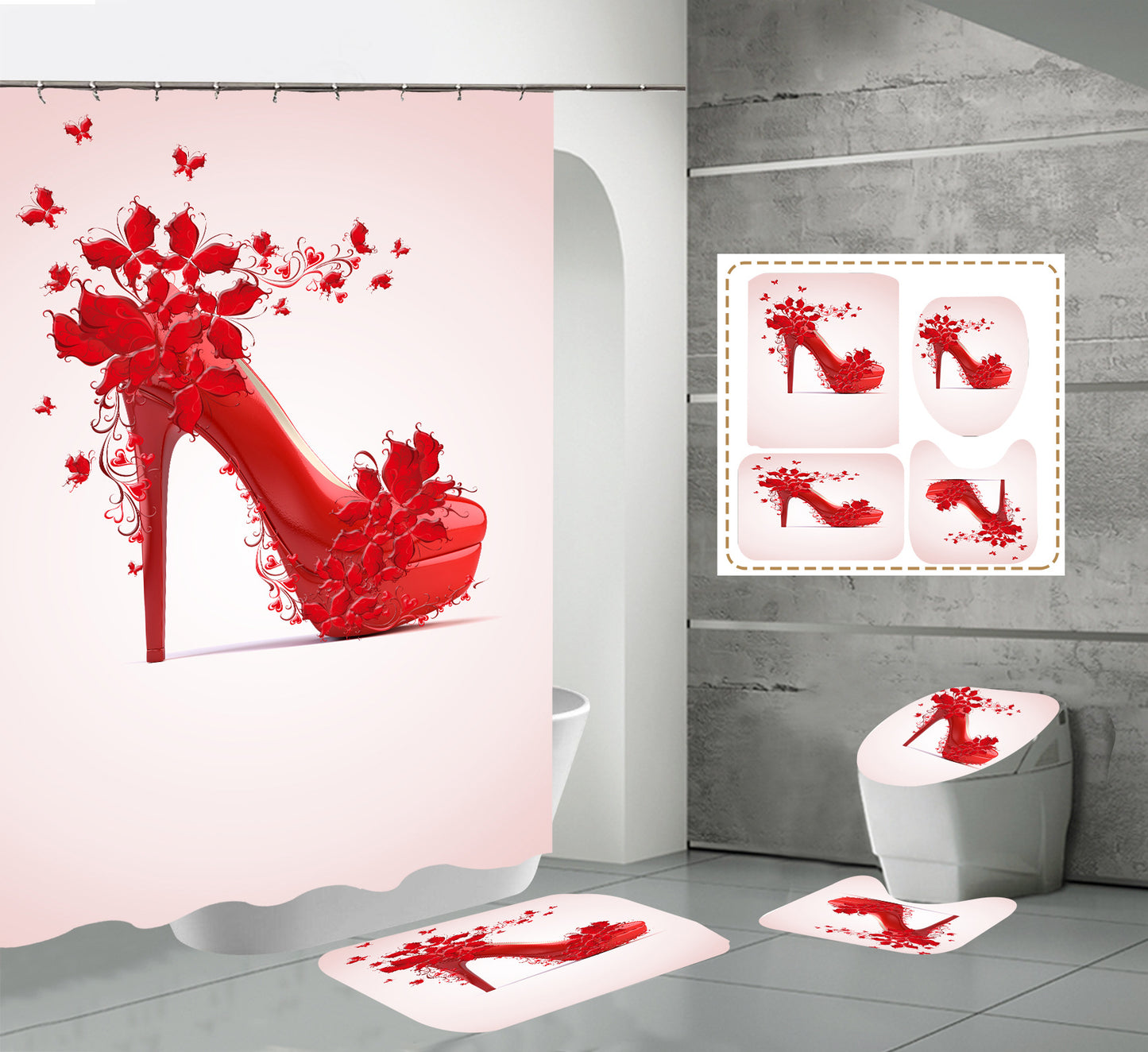 High Heels Design Shower Curtain Set Bathroom Rug Bath Mat Non-Slip Toilet Lid Cover