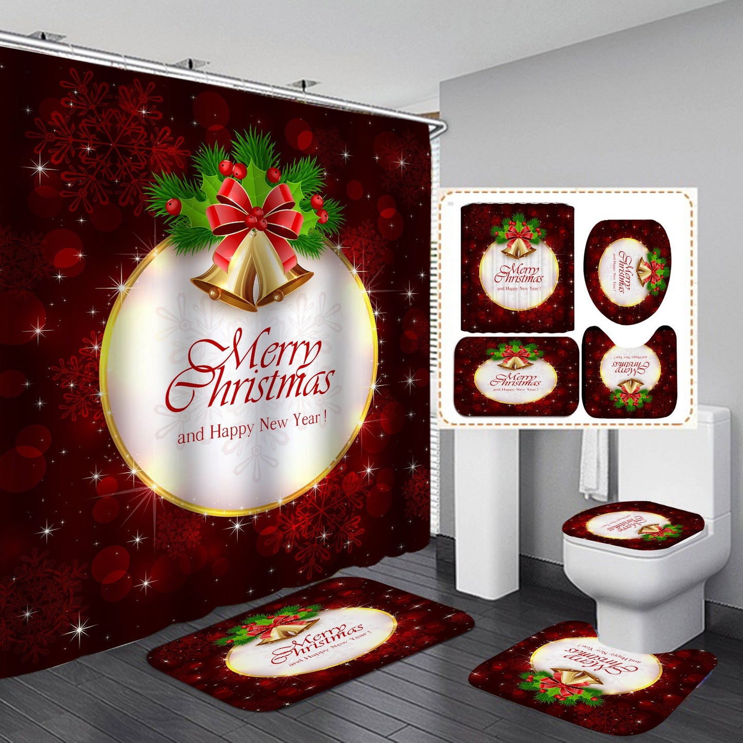 Merry Christmas Santa Claus Shower Curtain Bathroom SetsNon-Slip Toilet Lid Cover
