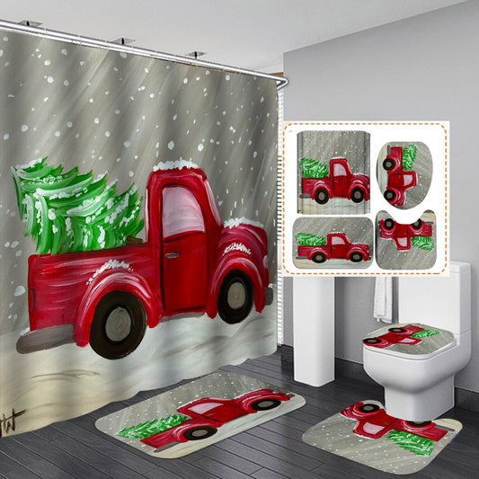 Merry Christmas Santa Claus Shower Curtain Bathroom SetsNon-Slip Toilet Lid Cover
