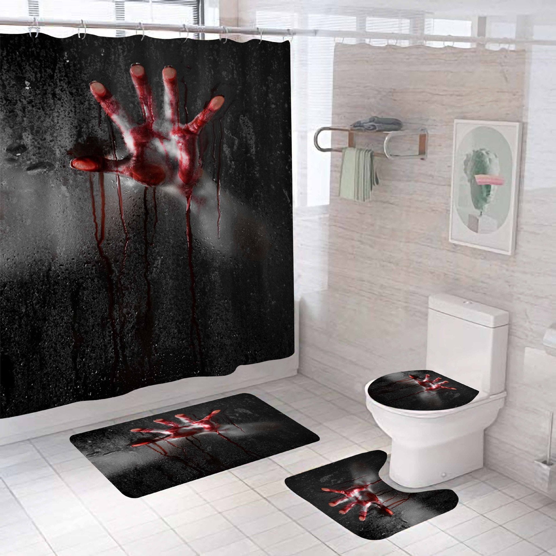 Horriable Hands Halloween Shower Curtain Bathroom Rug Set Bath Mat Non-Slip Toilet Lid Cover-STYLEGOING