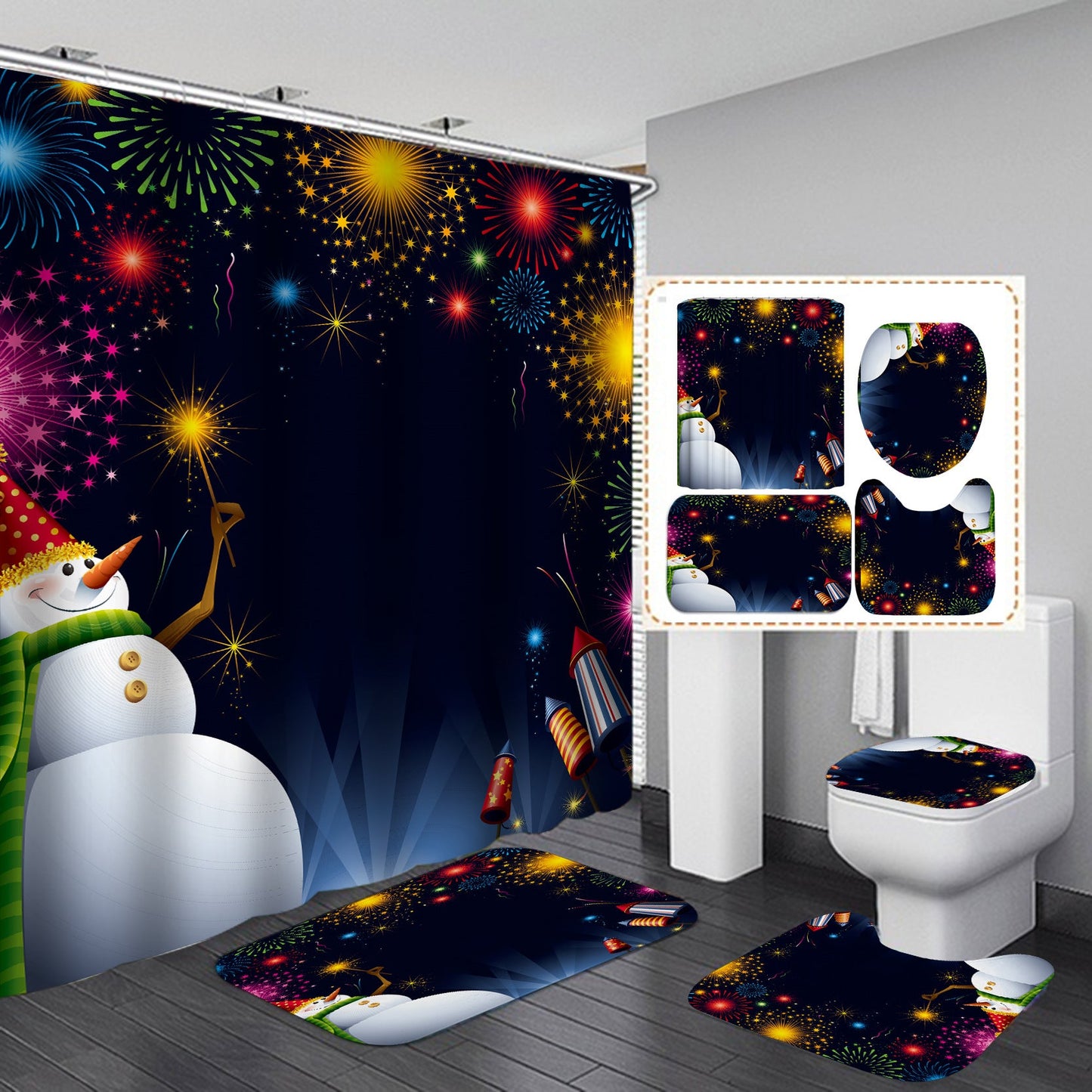 Happy Merry Christmas Shower Curtain Bathroom Sets Non-Slip Toilet Lid Cover