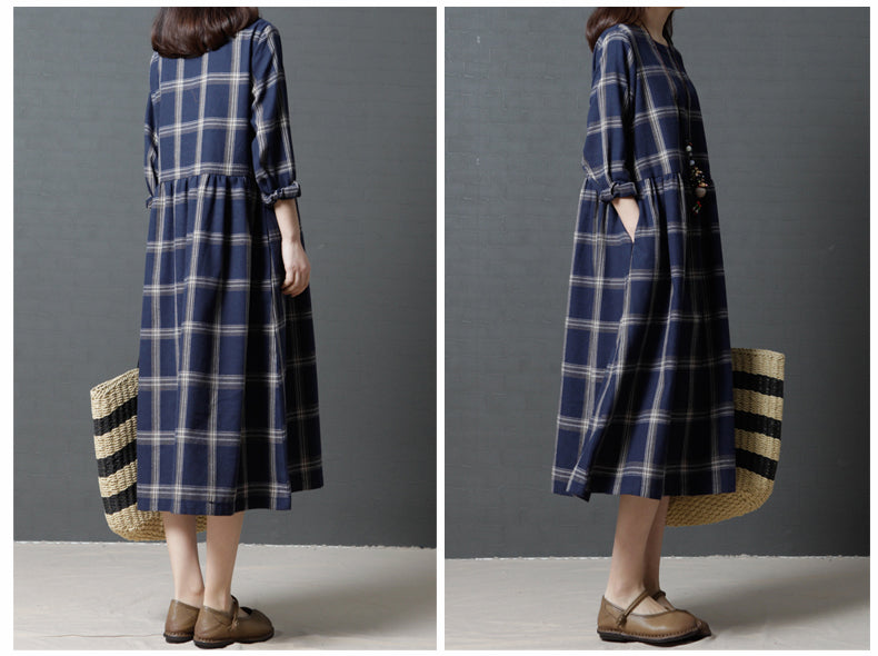 Vintage Linen Plaid Women Plus Sizes Long Dresses