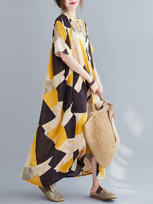 Printed Stand Collar Long Dress-STYLEGOING