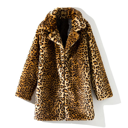 Women Leopard Design Winter Artifical Fur Overcoat