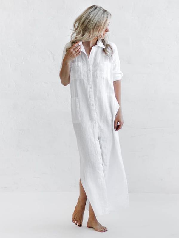Simple Split-Side Lapel Long Shirt Dress-STYLEGOING