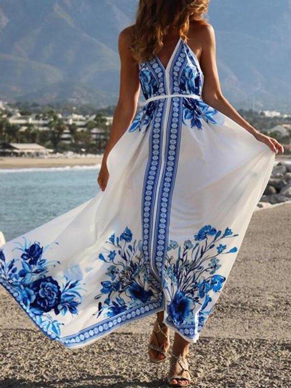 Blue Ethnic Backless Belt Maxi Dresses-STYLEGOING