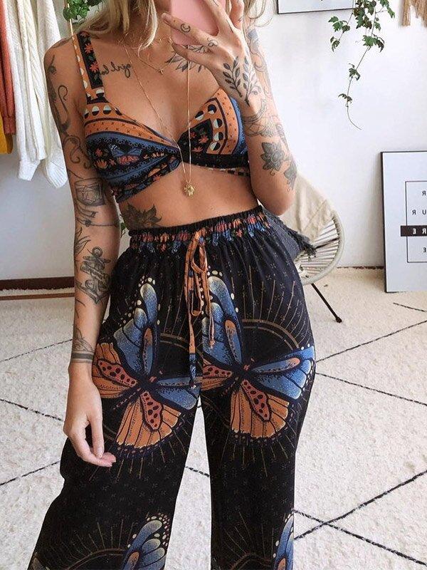 Two-Piece Butterfly Bare Midriff Wide Leg Suit-STYLEGOING
