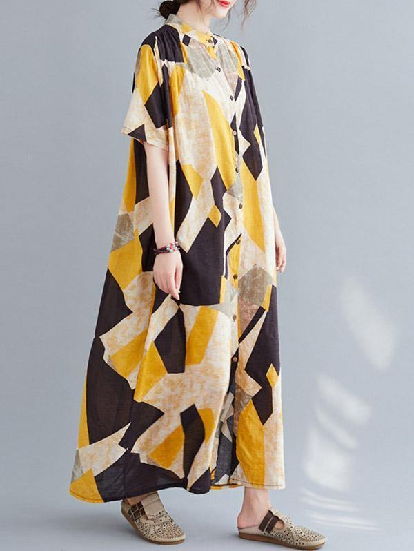 Printed Stand Collar Long Dress-STYLEGOING